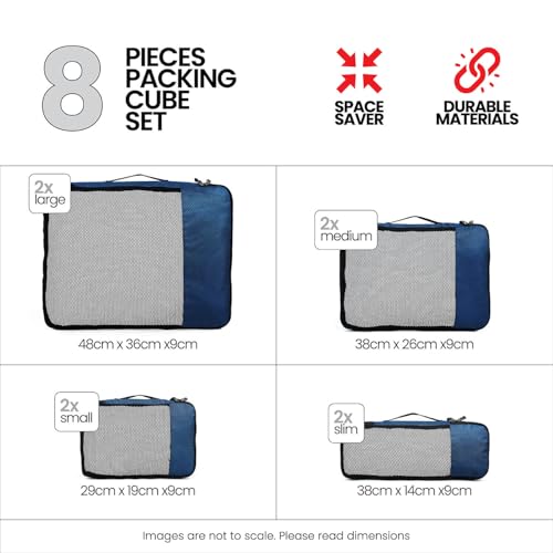 Image of FATMUG Polyester Packing Cubes Travel Pouch Bag Organiser Set of 8 (2X Large-Medium-Small And Slim, Navy Blue)