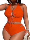 SOLY HUX Women's Plus Size Bikini Set Sexy Swimsuit Lace Up Tummy Control 2 Piece Bathing Suit Plain Orange XX-Large Plus