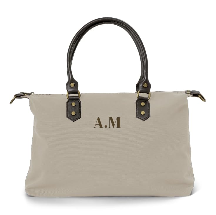 Bolso Leonardo Belorias Biege Personalizable con Iniciales Bordadas, con Asas de Piel Marrón, 47x32 cm, Incluye Correa Marrón
