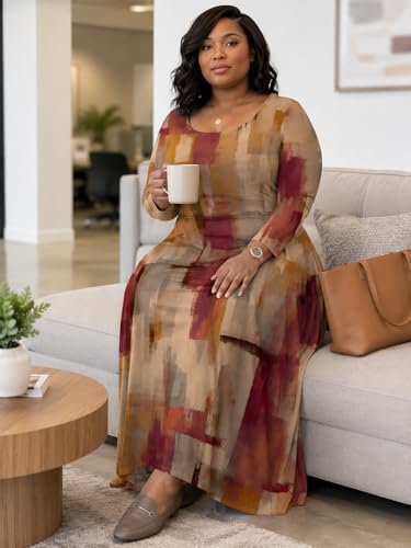 Image of PinkPatty Plus Size Maxi Dress for Curvy Women Crew Neck Long Sleeves Casual Dress Vacation Sundresses with Pockets