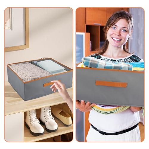 ASelected Große 2er-Set Aufbewahrungsboxen 50 x 40 x 20 CM Schrank Organizer mit Ledergriff und Trennwand Aufbewahrungsbox aus Stoff Faltbare für Kleiderschrank Kleidung, Bücher(grau)