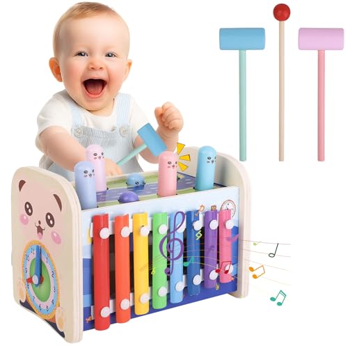 Liangding Jeux Montessori 1 an - 4 en 1 Xylophone Bebe,Engrenages + Horloge, Jeu Marteau, Jouet en Bois, Motricité Bébé, Jeux Educatif Jouet d'Éveil Cadeau...