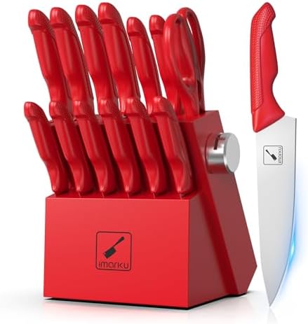 imarku Knife Set with Block, Sharp Knife Set with Built-in Sharpener, Japanese Stainless Steel Kitchen Knife Set with Non-Slip Ergonomic Handle, Dishwasher Safe, Best Holiday Gifts, 14 PCS, Red