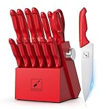 imarku Knife Set with Block, Sharp Knife Set with Built-in Sharpener, Japanese Stainless Steel Kitchen Knife Set with Non-Slip Ergonomic Handle, Dishwasher Safe, Best Holiday Gifts, 14 PCS, Red