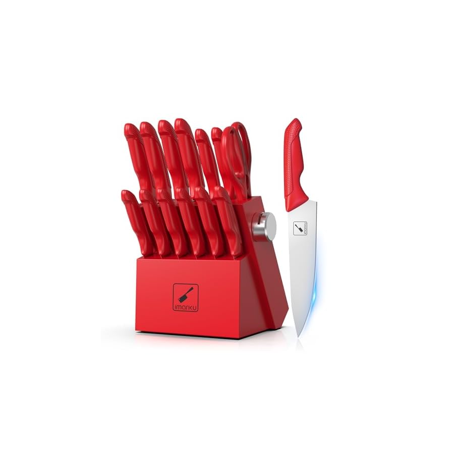 imarku Knife Set with Block, Sharp Knife Set with Built-in Sharpener, Japanese Stainless Steel Kitchen Knife Set with Non-Slip Ergonomic Handle, Dishwasher Safe, Best Holiday Gifts, 14 PCS, Red