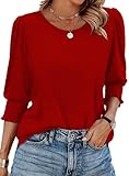 XIEERDUO 3/4 Length Sleeve Womens Tops Blouses for Women Dressy Casual Womens Short Sleeve Tops Red Xl