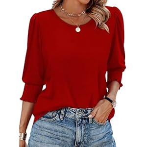XIEERDUO Blouses for Women Dressy Casual 3/4 Length Sleeve Womens Tops with Smocked Cuffs