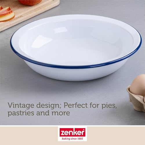 Zenker Enamel Round Pie Dish, Vintage Design, Suitable for Oven and Stove, Dishwasher Safe, Oven Tray, Enamel Cookware, Traditional Pie Tin, 25x25x5cm Colour, White and Blue - Image 5