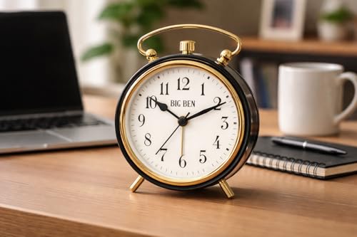 Image of Westclox Big Ben Classic Battery Operated Alarm Clock with Luminous Hands Large Easy Read Dial Loud Alarm Vintage Metal Case Glass Lens Black Gold Trim