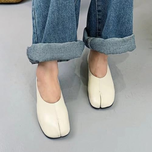Minimalist & Modern Tabi Shoes Ballet Style Slip-on Low Heels for Women Genuine Leather Comfort Office Work, Black/White2