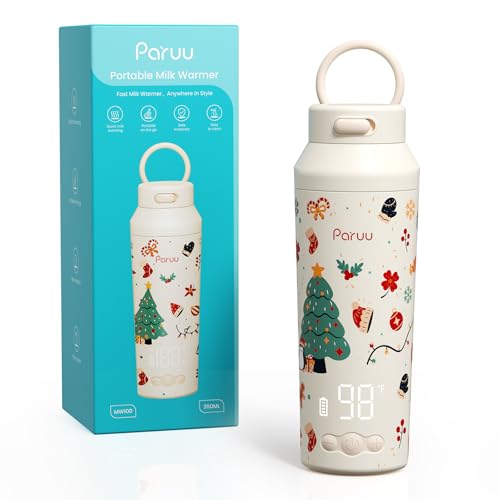 Image of Paruu Portable Bottle Warmer for Travel, Easy-Clean Wide Mouth, Portable Milk Warmer with Fast Heating for Night Feeding, 7-Temp Control, Large 12oz Capacity, Christmas Limited Edition, Beige