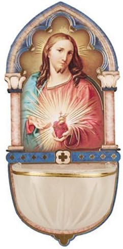 Catholic Gifts - Luminous Sacred Heart of Jesus Holy Water Font with Gold Foil Highlights (3008), Metallic (Rose Metal)