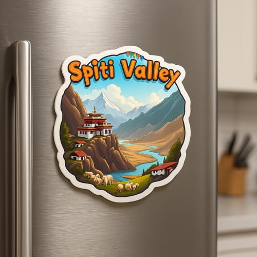 Image of Naxon Spiti Valley Fridge Magnet | Key Monastery Himalayan Road Trip Souvenir | Snow Mountains & Adventure Travel Decor | Home Kitchen Office Refrigerator Magnet | 3x3 Inch Wooden Multicolor Gift
