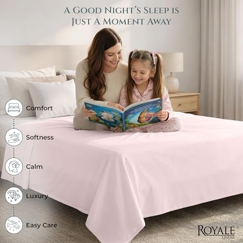 Image of Royale Linen 400 Thread Count 100% Cotton Flat Sheets Only - Cooling Sheets - King Flat Sheets Only Sold Separately - Luxury Sateen Weave - Breathable & Super Soft Top Sheet Only (King, Kyoto Blush)