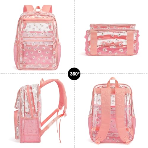Yusudan Daisy Clear Backpack for Girls Women, Heavy Duty Transparent School Backpack See Through Bookbag (Pink)
