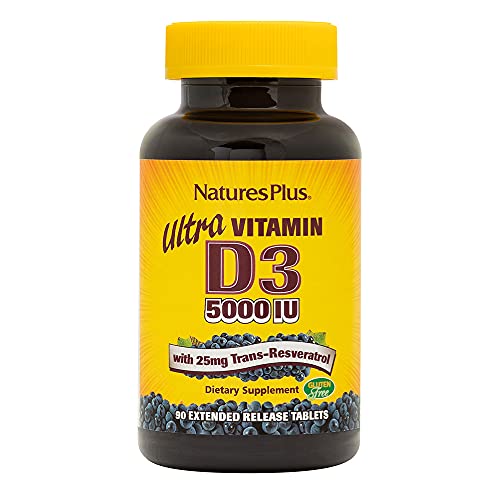 NaturesPlus Ultra Vitamin D3, Extended Release - 5000 iu + 25 mg Trans-Resveratrol, 90 Vegan Tablets - Heart & Bone Health, Immune System Support, Anti-Aging - Gluten-Free - 90 Servings