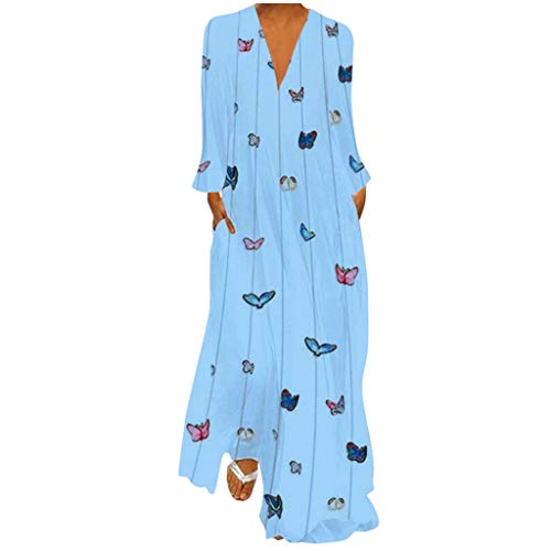 Levifun Vestidos Mujer Vestido Largo Maxi Larga Mangas con Estampado Casuales para Playa Fiesta O Cuello Bolsillos Suelto Sólido Moda Vacación Cóctel Evening Ceremonia de la Boda