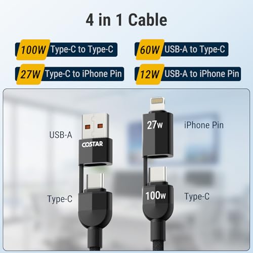 Image of COSTAR 4-in-1 100W Charging Cable|USB-A,Type-C,Fast Charging,480Mbps Data Transfer,Data Sync|Compatible with Android & iOS Smartphones,Tablet /Ipads & Macbook