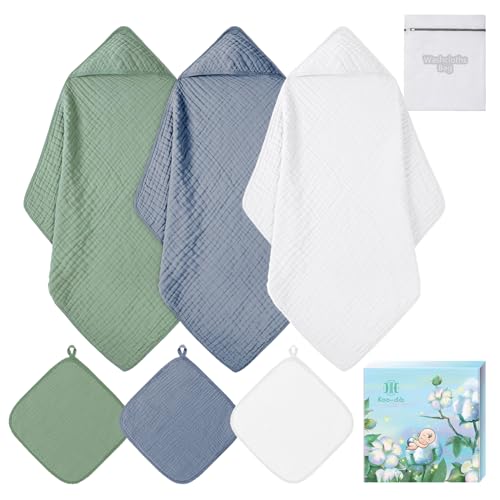 Image of Koo-dib Soft Hooded Baby Towels for Newborn Babies 6 Pack 100% Cotton Muslin Baby Bath Towel with Hood, Absorbent Baby Bath Towels for Boys and Girls (Blue & Green & White)