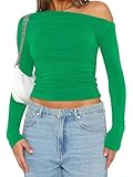 Off-Shoulder Long-Sleeve Slim T-Shirt, Women's Basic Comfortable and Stable Multi-Color Options (Green-j1, M)
