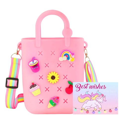 SunsprieJoy mini bogg bag bogg bag for Birthday gift silicone mini tote with strap & 6 DIY charms Beach outing Daily errands Ballet class Crossbody carrying for girls small carryall (Pink)