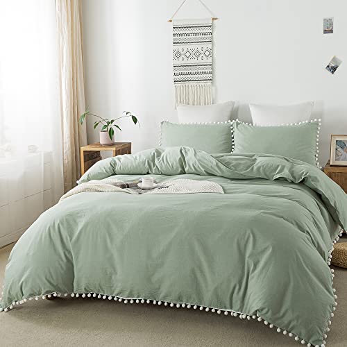 image for Softta Boho Bedding Twin XL White Vintage Pom-Fringe Pompom Duvet Cove