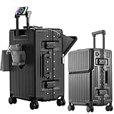 アルミフレームスーツケース 多機能フロントオープン キャリーケース ストッパー付き 機内持ち込み キャリーバッグ 携帯スタンド USBポート付き カップホルダー付き 隠しフック機能 超軽量 耐衝撃 静音 360度回転 ダブルキャスター アルミフレーム ピュアPC材質 大容量 TSAロック搭載