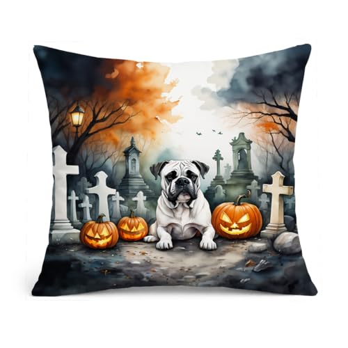 Caroline's Treasures DAC2024PW1818 Boxer Spooky Halloween Fabric Decorative Pillow Machine Washable, Indoor Outdoor Decorative Pillow for Couch, Bed or Patio, 18Hx18W