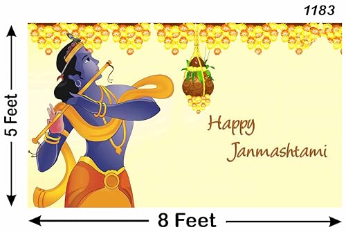 Image of Garlands with Matuki and Krishnaji Design Backdrop Curtain for Pooja Decoration Especially Krishna Janmashtami Traditional Fabric-Polyster Size-5Feet Height and 8Feet Width(5 * 8)