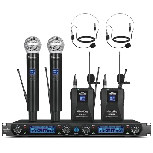 MicrocKing Wireless Microphone System, UHF Cordless Mic Set with 2 Handheld Mics/2 Lavalier Bodypacks, Metal Build, Fixed Frequency, Long Range, Ideal for Karaoke/Party/Wedding/Concert
