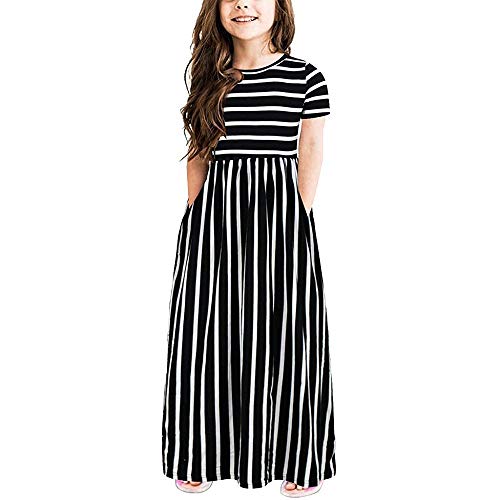 YEBIRAL Sommerkleider Mädchen Kurzarm Kleid Baumwolle Streifen Print Lange Kleid Tasche Rundhals Freizeitkleidung 2-12 Jahre