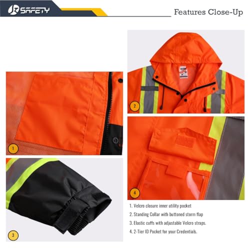 Image of JKSafety Hi Vis Rain Jacket for Men Women Class 3 Rain Gear OBlack 3XL | Hi Vis Waterproof 150D Oxford Rain Suit Breathable Mesh Lining 7 Reflective Strips for Outdoor Work in low-light environment