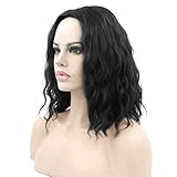 Flonding 15' Short Wavy Bob Wig Curly Shoulder Length Middle Part Fluffy Hair Spiral Wigs for Women Girl Halloween Cosplay Daily Costume Use (Black)
