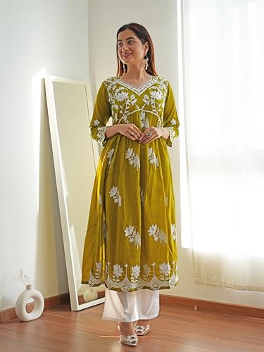 Image of EthnicJunction Women's Silk Blend Regular Fit Chikankari Embroidered Naira Cut Kurta