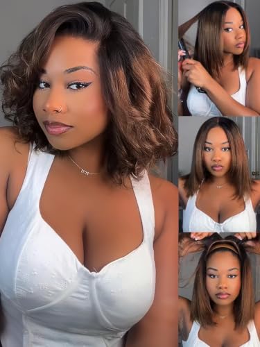Image of KLAIYI Bye Bye Slip Ombre Chestnut Brown Glueless Precut 7x5 Yaki Straight Bob Wig Human Hair Drawstring Pre Plucked Bleached Knots Pre Everything 30S Ready to Wear and Go Wig with Dark Roots 10Inch