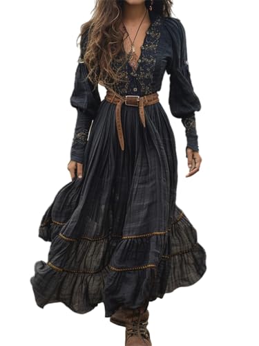 ORANDESIGNE Robe Longue Retro à Col en V et Manches Longues pour Femmes Robes en Mousseline de Soie Vintage Western Country Robe Décontractée d'automne D Noir L