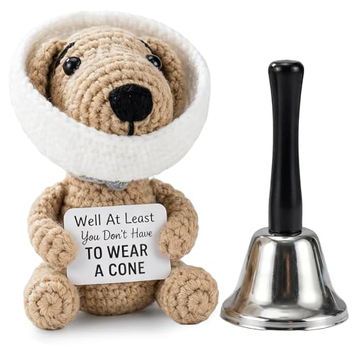 JolliLudo 2 Pcs Well at Least You Dont Have to Wear a Cone Funny Gell Well Gift 4.3 Inch Soft Crochet Dog and Hand Cranked Bell for Surgery Recovery Vasectomy Humor or Quirky Retirement Gift