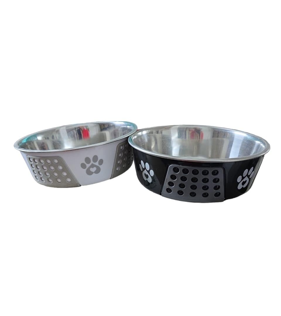 Heavy Dog Bowl | Dog Bowl Big | 100% Silicon Bonded Rubber Base | Stainless Steel | Dog Food Bowl | Feeding Bowls for Dogs | Cats | Pets | Large Size White and Black (Pack of 2) (White and Black) (B0CW79D9QD) Amazon Price History, Amazon Price Tracker