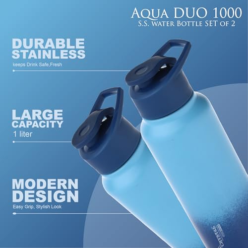 Image of Crystal Aqua 1000 Stainless Steel Water Bottle, Leakproof Lid, Single Walled, ISI Certified I For School, Office, Gym I Light & Dark Blue | Pack of 2