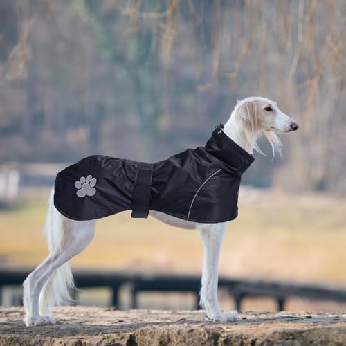 Geyecete Hundemantel Wasserdichter fur Windhund, Winter Hundejacken mit warmem plüschfutter, Regenmantel Winddicht, Hundebekleidung mit verstellbaren Bändern,fur mittel und große Hunde-schwarz-S