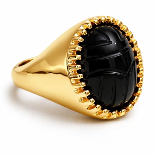 Gempires Black Onyx Scarab Beetle Ring for Women | 14K Gold Plated Carved Gemstone Statement Ring | Egyptian Inspired Jewellery | Handmade Bold Fashion Ring Size 8