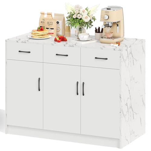 Isla de cocina 120 x 60 x 90,5 cm, 3 cajones y 3 puertas, buffets, diseño de mármol blanco, estantes ajustables, cajones silenciosos, diseño de área de bar - Zona de cocina elegante y práctica