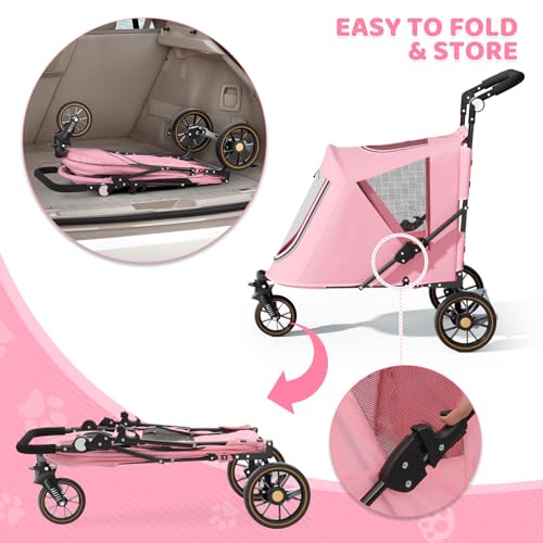 Image of Magshion 3-Wheel Foldable Dog Jogger with Adjustable Handle, Pink | Pet Stroller for Medium Larges, All-Terrain Wheels, Dual Entry, Rear Storage, Breathable Mesh, Up to 55 lbs
