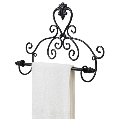 Mygift BATH2659BLK 12 Inch Wall Mounted Matte Black Metal Towel Holder Bar With Vintage Baroque Scrollwork Design, Decorative Rail For Hanging Bathroom Hand Towels Or Entryway Scarves cover