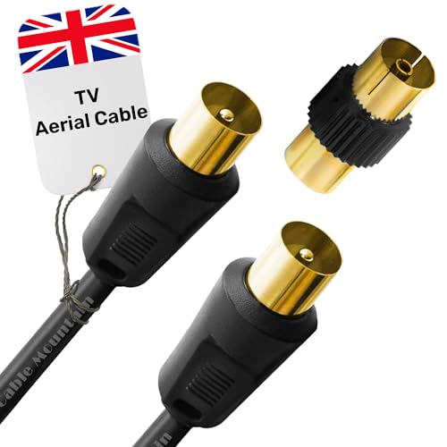 1m Coaxial TV Aerial Cable - Male To Male Gold Plated RF Tv Cable with Adapter - Antenna AV Lead for Freeview, Freesat, Tv Antenna Extension - Black Straight Connection