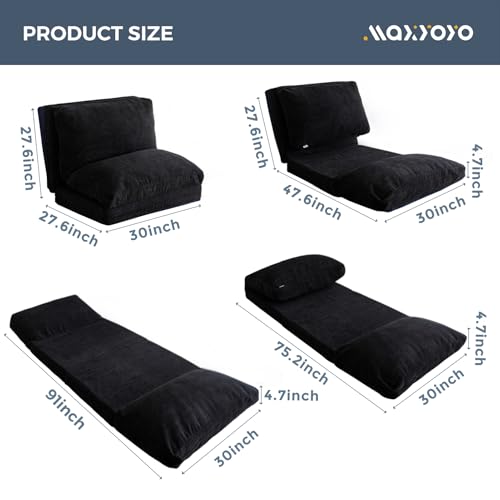Image of MAXYOYO Folding Sofa Bed, Extra Thick and Long Floor Sofa Convertible Chair with Washable Cover, Floor Couch Lounge Bean Bag Bed for Living Room, Black, 30 inchx91 inch