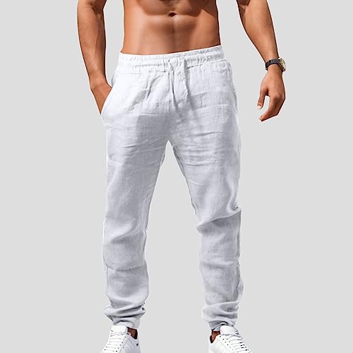 Plus Size Linen Pants for Mens Fall Cotton Linen Loose Fit Elastic Drawstring Waist Straight-Legs Winter Long Pants2