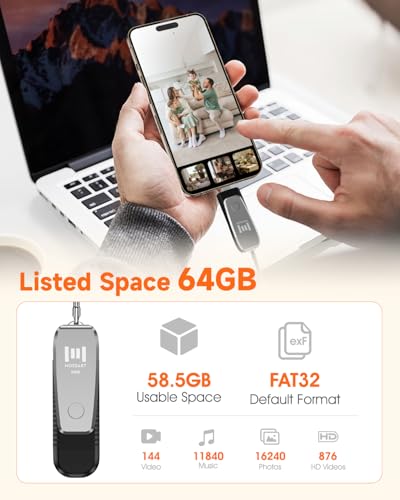 Image of MOSDART 64GB USB C and A 3.1 Dual Flash Drive with Keychain, Silver | Fits Android Phones, iPhone 15, 16, 17, Macbook, iPad, For Photos and Videos, USB-C Port Protection, Phone Case Friendly