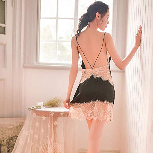 Cinto pijama costas ocas roupa íntima profunda camisola de serviço doméstico (Preto L) (Preto M)