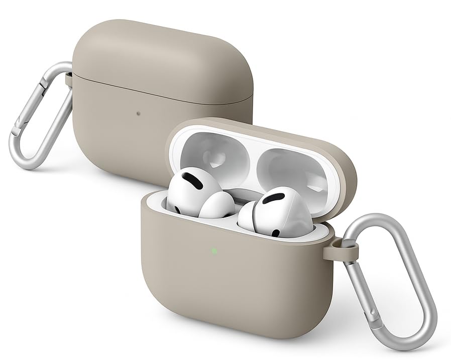Image of Hybrid Liquid Silicone Case Cover for Apple Airpods Pro 3 (2025), Hard PC, Matte Finish Coating with Heavy Duty Carabiner (Pebble Brown, Liquid Silicone)